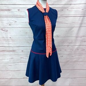 Vintage Mid Century Mod MCM Navy Polka Dot Neck Tie Scooter Dress
